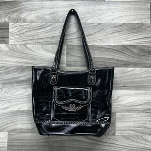 Bingham Tote Bag Women's Black Patent Leather Studded Detail Contrast Stitching